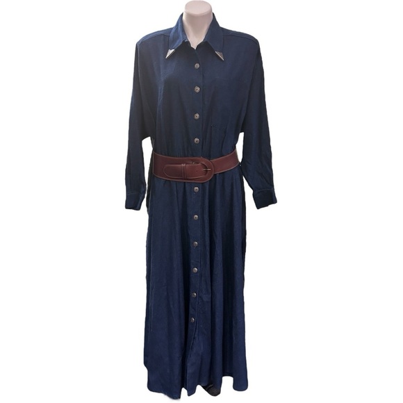 Vintage 80s Western Dark Denim Maxi Dress Collar Tip Long Sleeve Modest - Picture 1 of 10